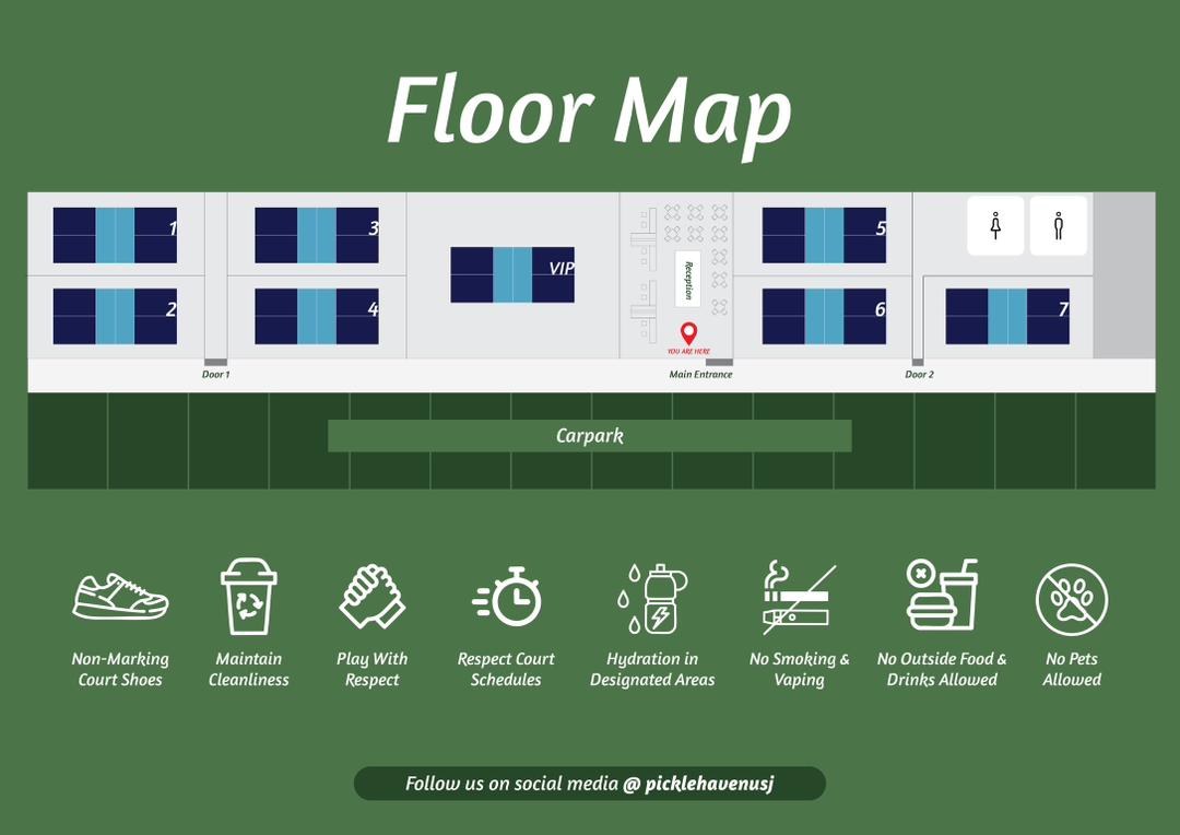 Pickle Haven USJ floor map showing 7 courts plus VIP court layout, reception, toilets, and carpark